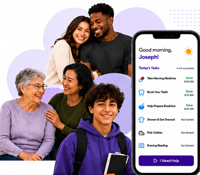 A diverse multigenerational family and care team smiling together beside the My Buddy Support app